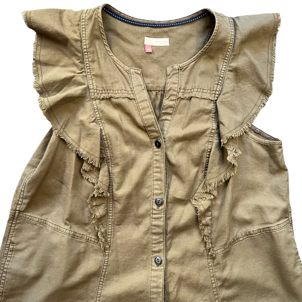 Anthropologie Pilcro Moss Flutter Sleeve Button Front Tunic Dress Olive Green L - Picture 6 of 11